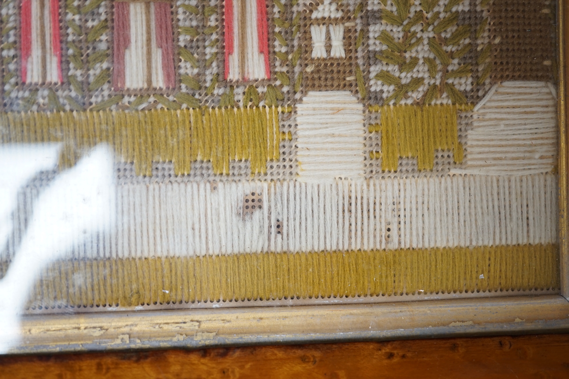 A Victorian woolwork and silk embroidery, 'Windsor Castle', maple framed, 37x55cm including frame